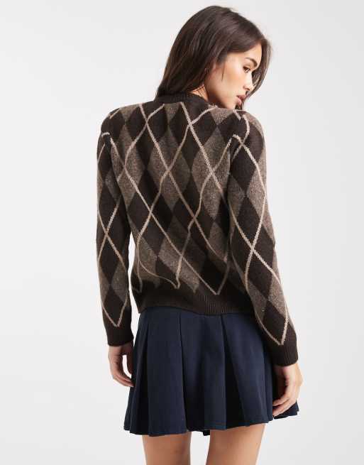 Threadbare button down crew neck cardigan in brown argyle