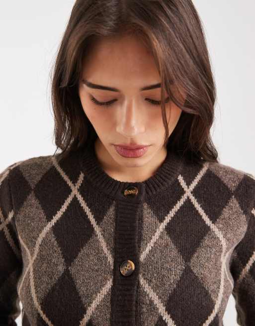 Threadbare button down crew neck cardigan in brown argyle