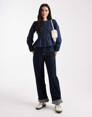 Threadbare Button Down Denim Puff Sleeve Blouse With Shirring In Blue