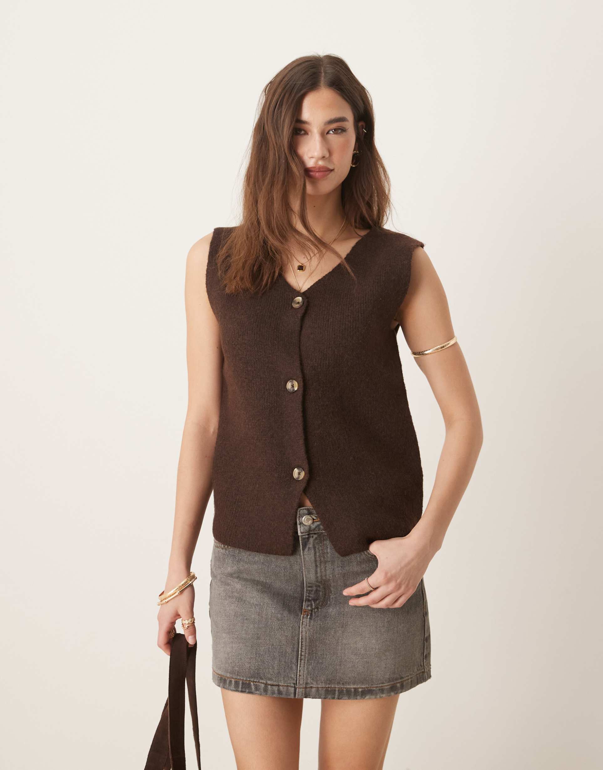 threadbare button down knit vest in chocolate brown