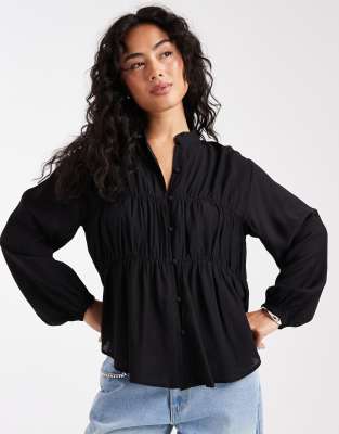 Threadbare Button Down Long Sleeve Blouse In Black