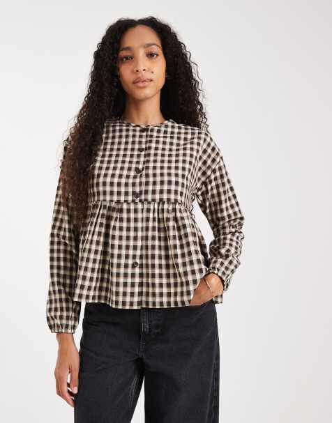 Threadbare button down long sleeve blouse with peplum hem in brown gingham - view 1