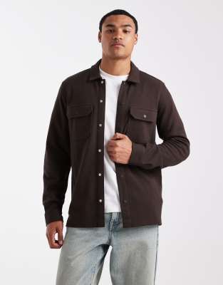 Threadbare Button Down Pocket Front Shacket In Brown