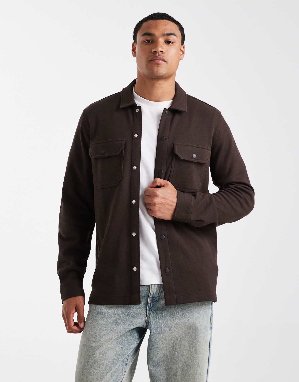 Threadbare button down pocket front shacket in chocolate brown