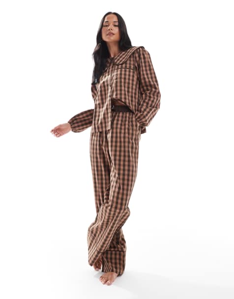 Threadbare button down pyjamas with collar in brown check - view 1