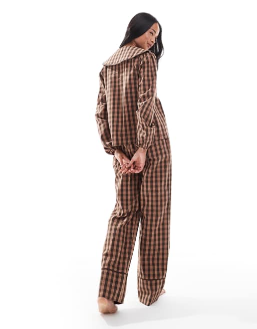Threadbare button down pyjamas with collar in brown check, 4 of 4
