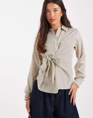 Threadbare Threadbare button down shirt with tie front detail in ecru stripe-White