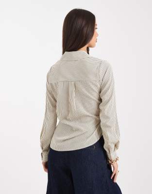 Threadbare Button Down Shirt With Tie Front Detail In Neutral