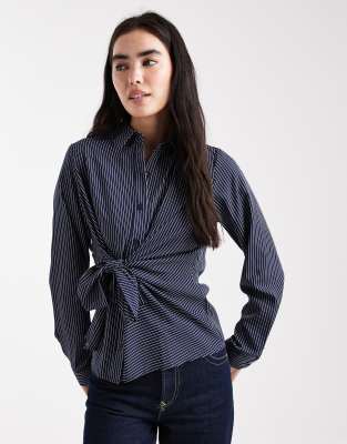 Threadbare Threadbare button down shirt with tie front detail in navy stripe