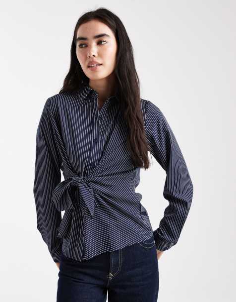 Threadbare button down shirt with tie front detail in navy stripes - view 1