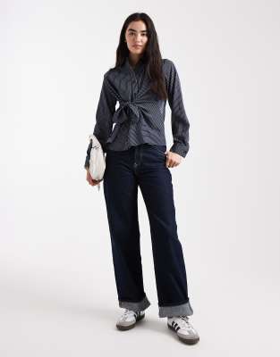 Threadbare Button Down Shirt With Tie Front Detail In Blue