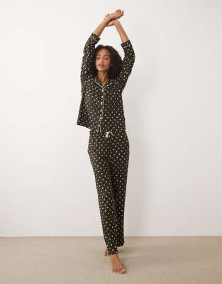 Threadbare Button Down Super Soft Pajama Set In Brown