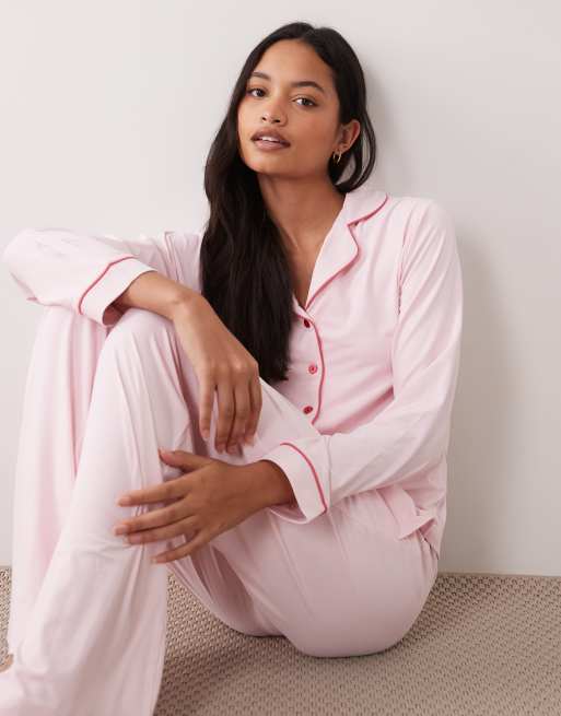 Threadbare button down super soft pajama set in pink with contrast trim, 2 of 4