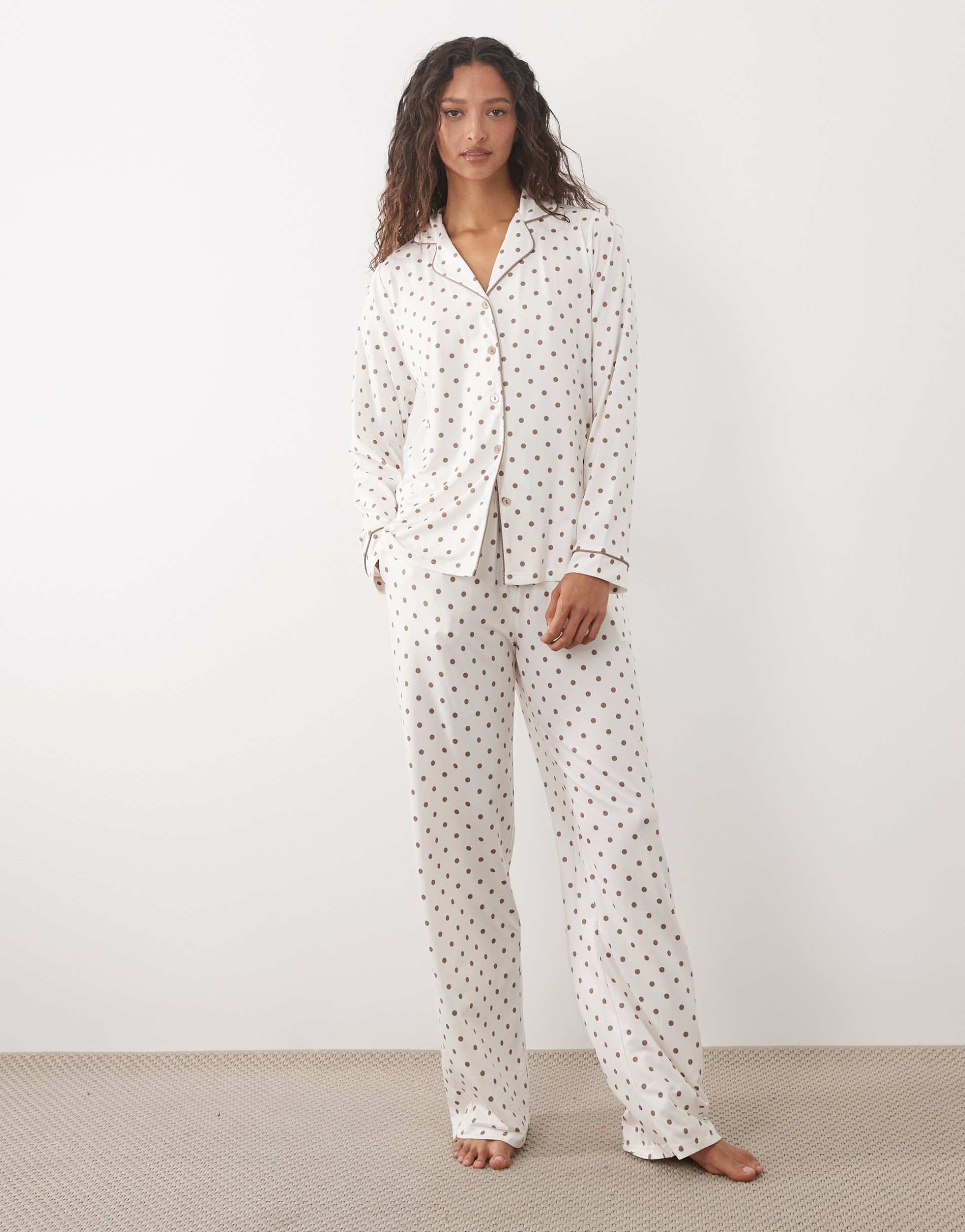 threadbare button down super soft pajama set in white and brown polka dot print