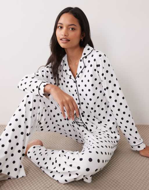 Threadbare button down super soft pajama set in white with black polka dot, 3 of 4