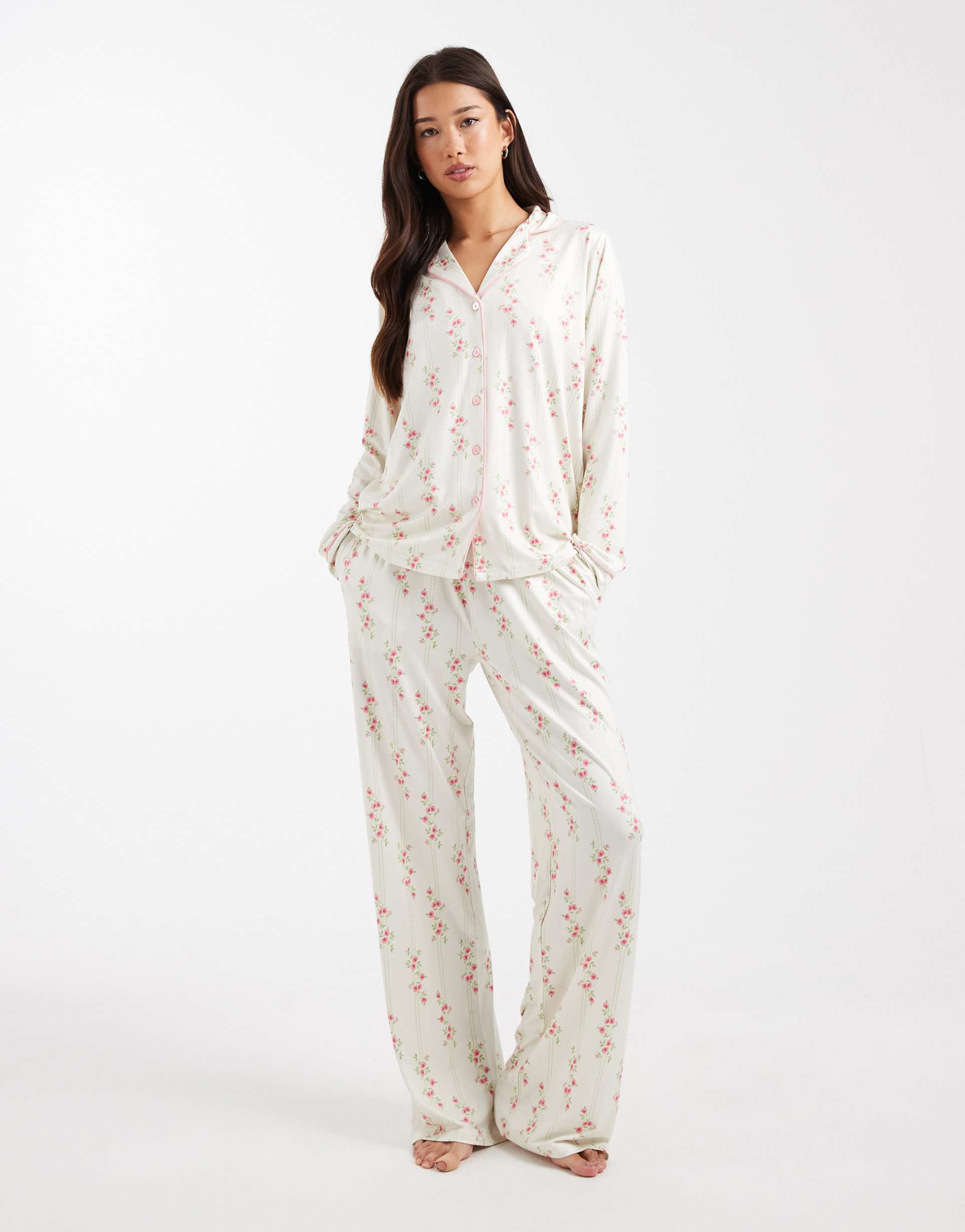 threadbare button down super soft pajama set with floral print in ecru and pink