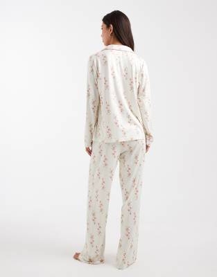 Threadbare Button Down Super Soft Pajama Set With Floral Print In White