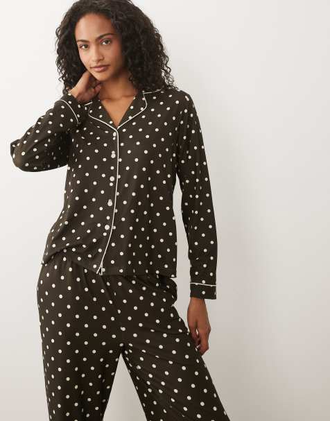 Threadbare button down super soft pyjama set in chocolate brown polka dot - view 1