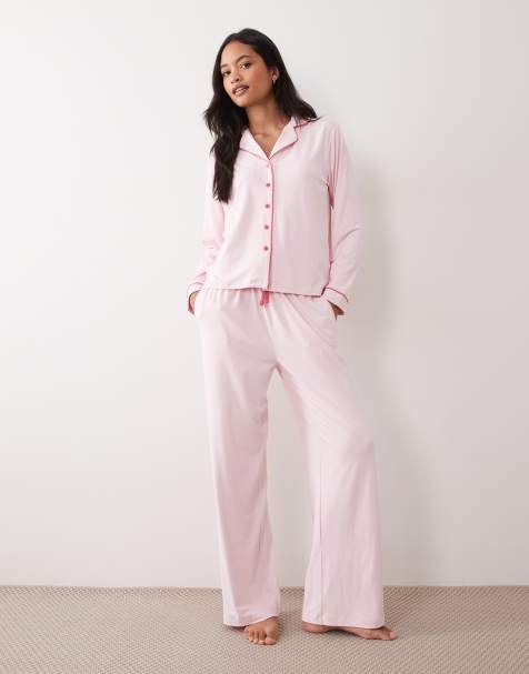 Threadbare button down super soft pyjama set in pink with contrast trim - view 1