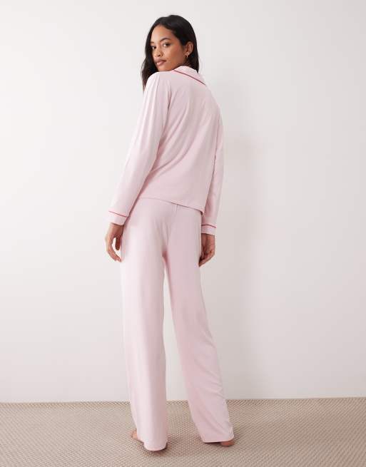Threadbare button down super soft pyjama set in pink with contrast trim, 3 of 4