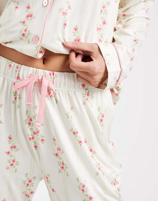 Threadbare button down super soft pyjama set with floral print in ecru and pink, 3 of 4