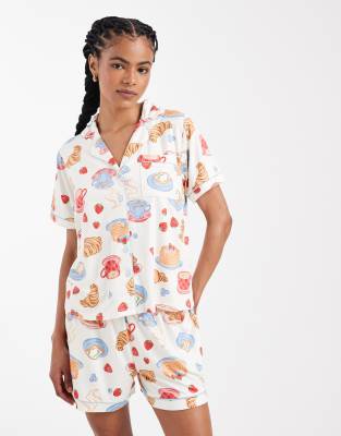 Threadbare Button Down Super Soft Short Pajama Set With Croissant Print In White