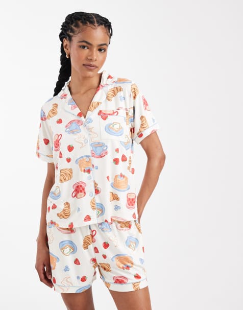 Threadbare button down super soft short pajama set with croissant print in ecru and blue - view 1