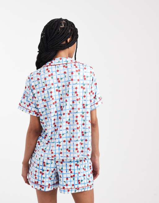 Threadbare button down super soft short pyjama set with cherry print in blue gingham, 3 of 4