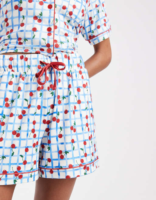 Threadbare button down super soft short pyjama set with cherry print in blue gingham, 4 of 4