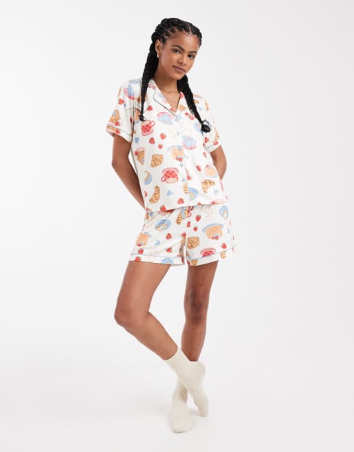 Threadbare button down super soft short pyjama set with croissant print in ecru and blue, 2 of 4