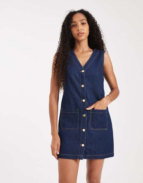 Threadbare button front pinafore denim mini dress in blue - view 1