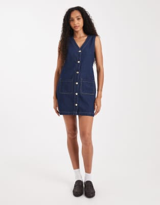 Threadbare Button Front Pinafore Denim Mini Dress In Blue