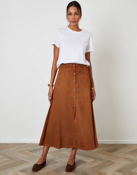 Threadbare Button front suedette skirt in tan