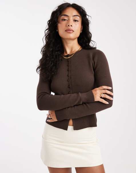 Threadbare button through compact cardigan in chocolate brown - view 1