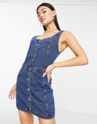 Threadbare button through denim mini dress in mid blue | ASOS