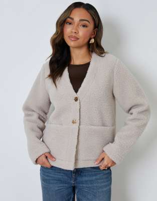 Threadbare Button Up Borg Jacket In Neutral