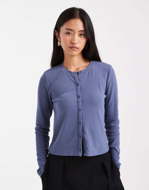 Threadbare button up long sleeve jersey top in blue - view 1