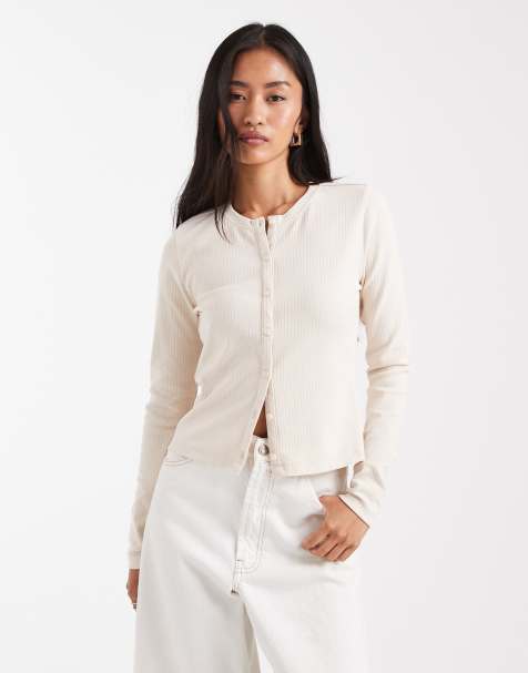 Threadbare button up long sleeve jersey top in cream - view 1