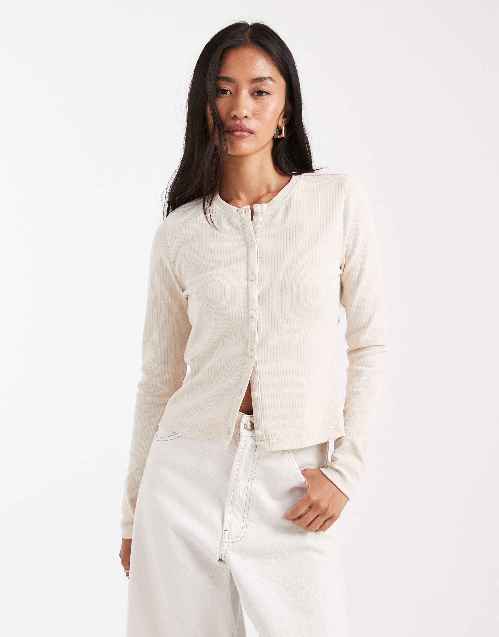 threadbare button up long sleeve jersey top in cream