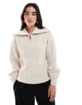 [Threadbare] Threadbare cable knit 1/4 zip jumper with collar in ecru-White 12 Ecru