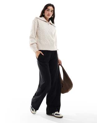 Threadbare Cable Knit 1/4 Zip Sweater With Collar In White