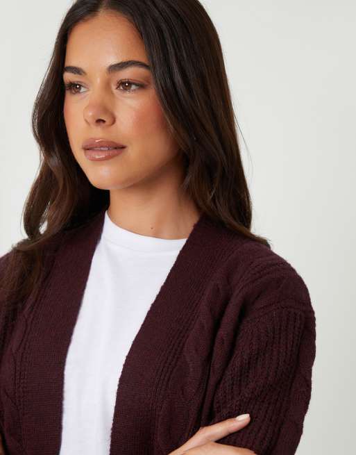Threadbare Cable knit cardigan in wine, 2 of 4