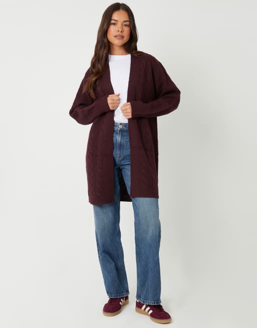Threadbare Cable knit cardigan in wine, 3 of 4