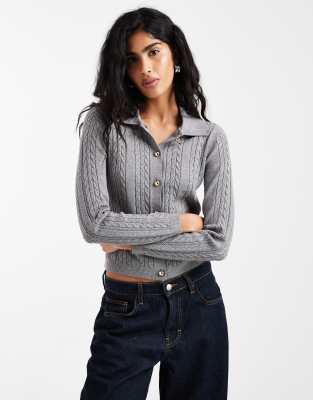 Threadbare Cable Knit Cardigan With Collar In Gray