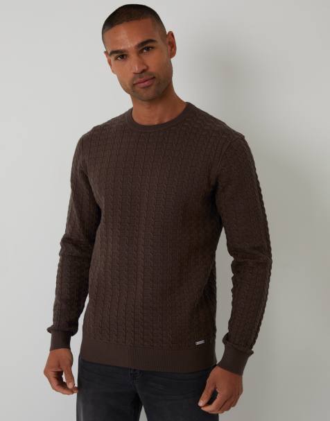 Threadbare Cable knit crew neck jumper in brown