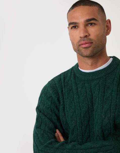 Threadbare Cable knit crew neck jumper in forest green - view 1