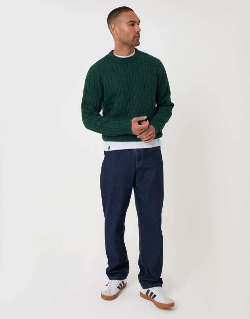Threadbare Cable knit crew neck jumper in forest green, 3 of 5