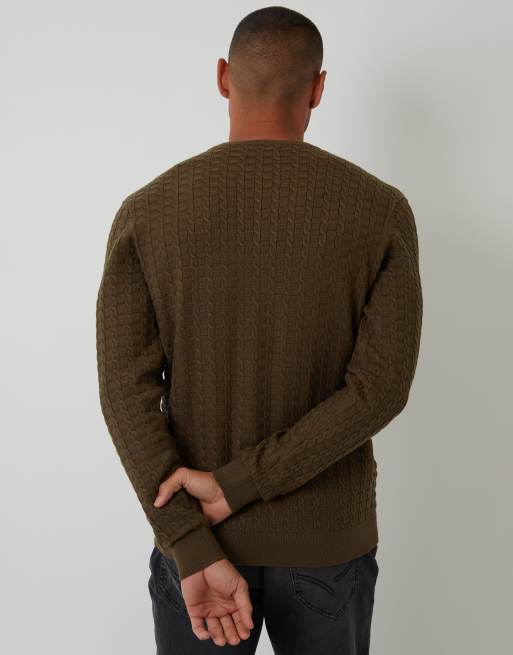 Threadbare Cable knit crew neck jumper in khaki, 3 of 4