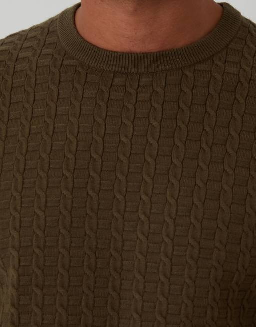 Threadbare Cable knit crew neck jumper in khaki, 4 of 4