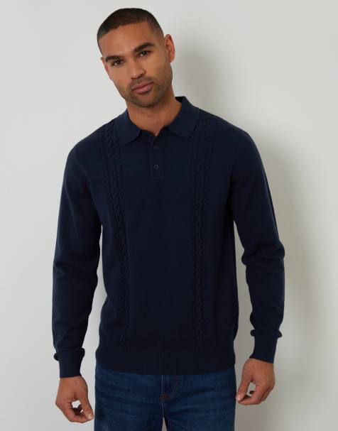 Threadbare Cable knit long sleeve polo jumper in navy - view 1